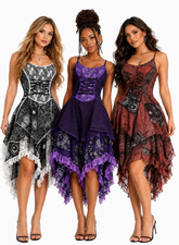 Lacey patchwork dress with built in corset adjustable angled layers skirt