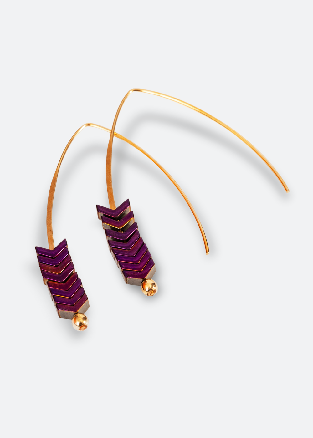 Arrow Drop Earrings in Purple by Jungle Flare Purple teal gold or silver with gold dangle hooks