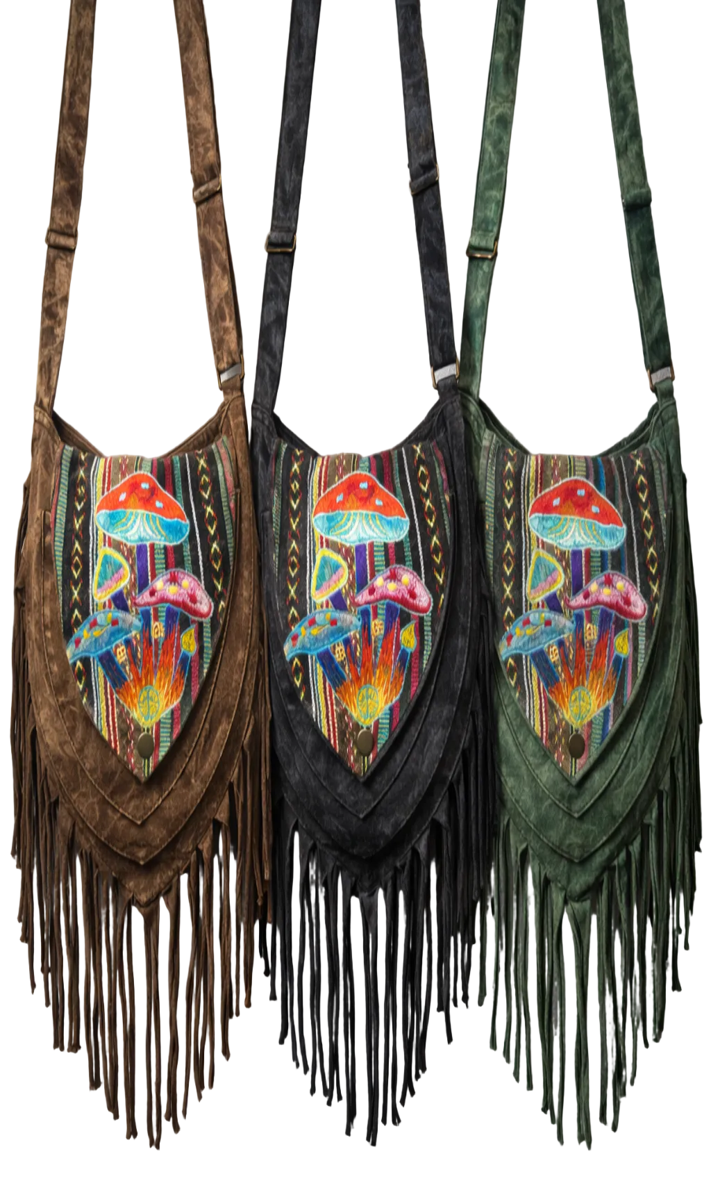 Mushroom Tassel Bags colourful embroidery stonewashed brown black or green