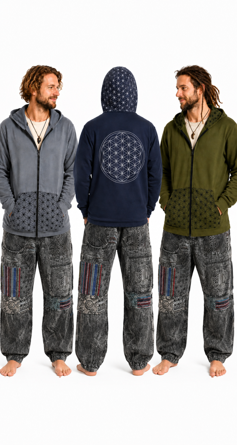 Flower of Life hoodie large design on back with 2 pockets and hood. Design on hood and pockets