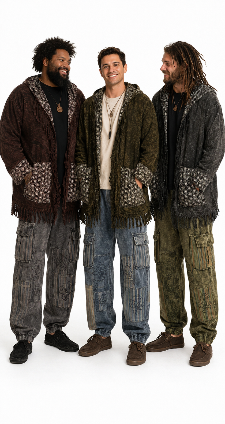Over sized flower of life fringe kimono with 2 pockets and 2 buttons to cross over and close if wanted Brown, Green, Black