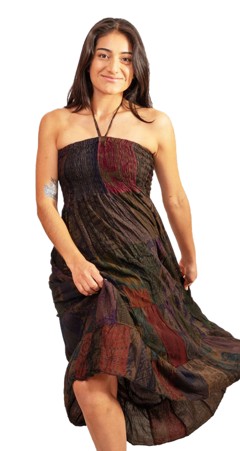 Dual Wear Patch Work Dress Brown's Red's One Size Rayon elastic around Bust Flowy