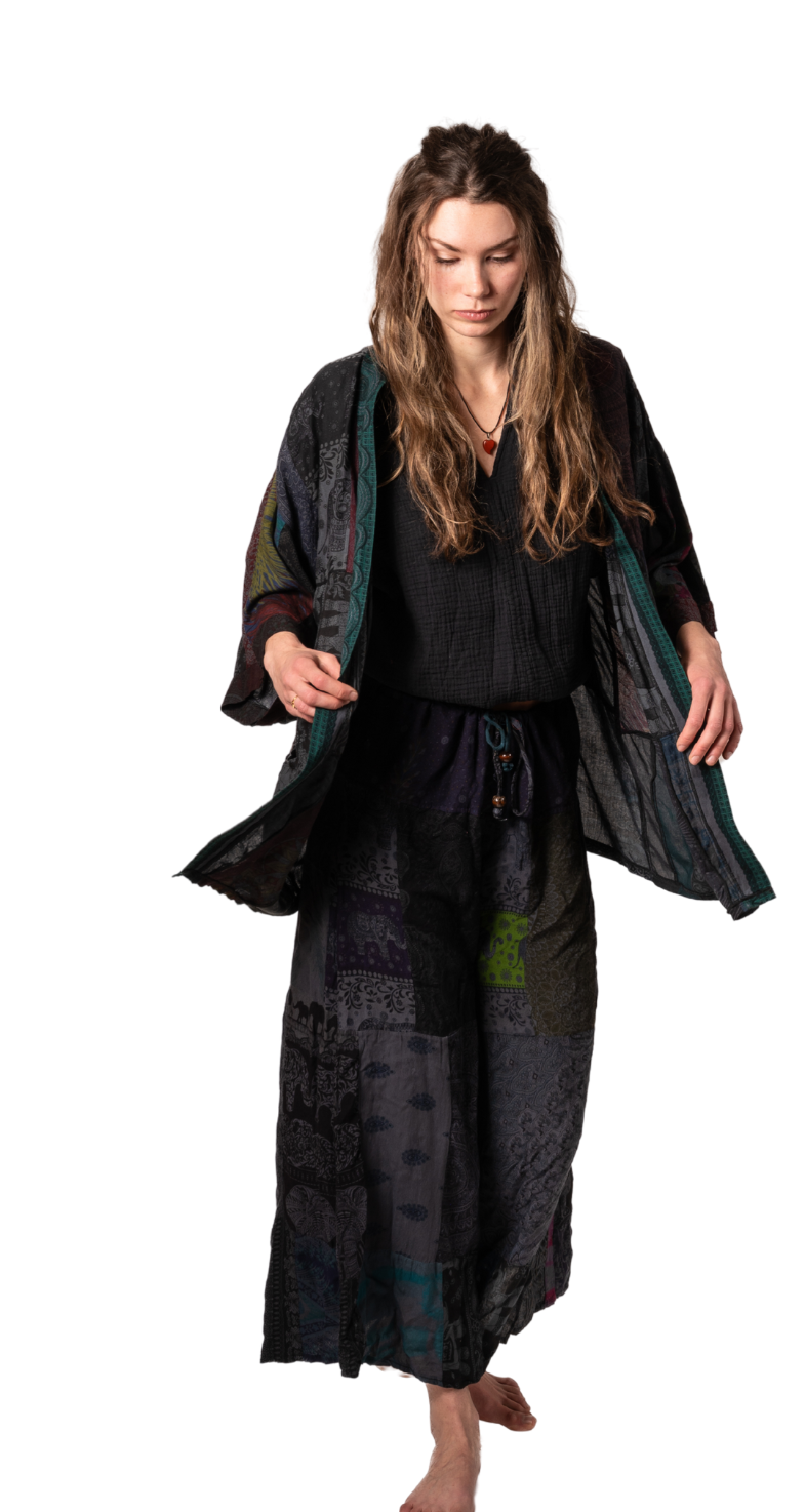 Earthwoven Patchwork Kimono every patch sewen seperatly pockets loose one size rayon