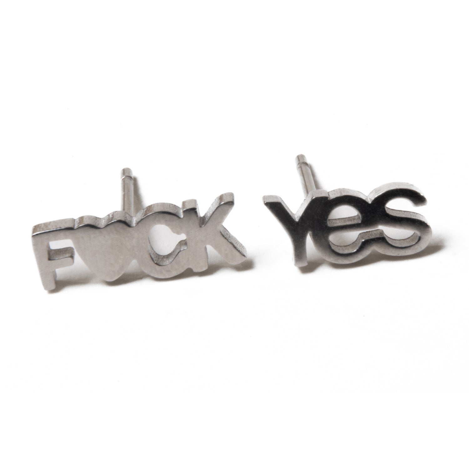 F*ck Yes F*uck No 3 piece studs stainless steel earrings silver