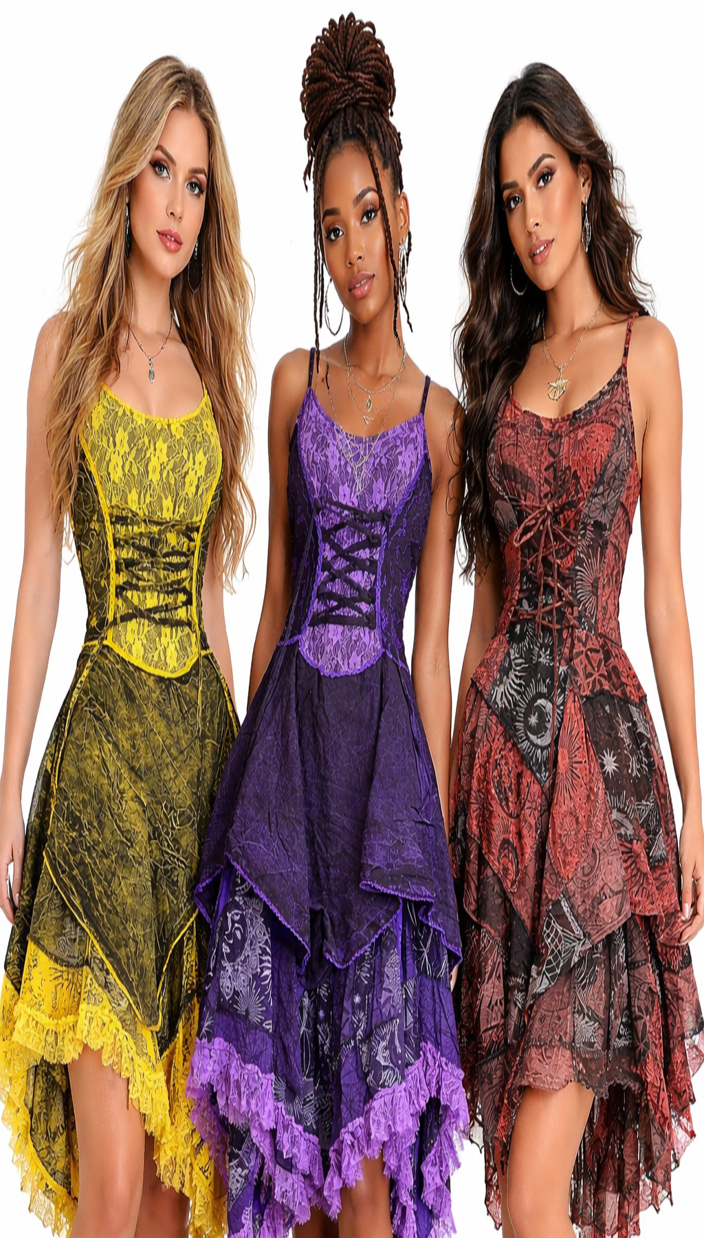Lacey patchwork dress with built in corset adjustable angled layers skirt
