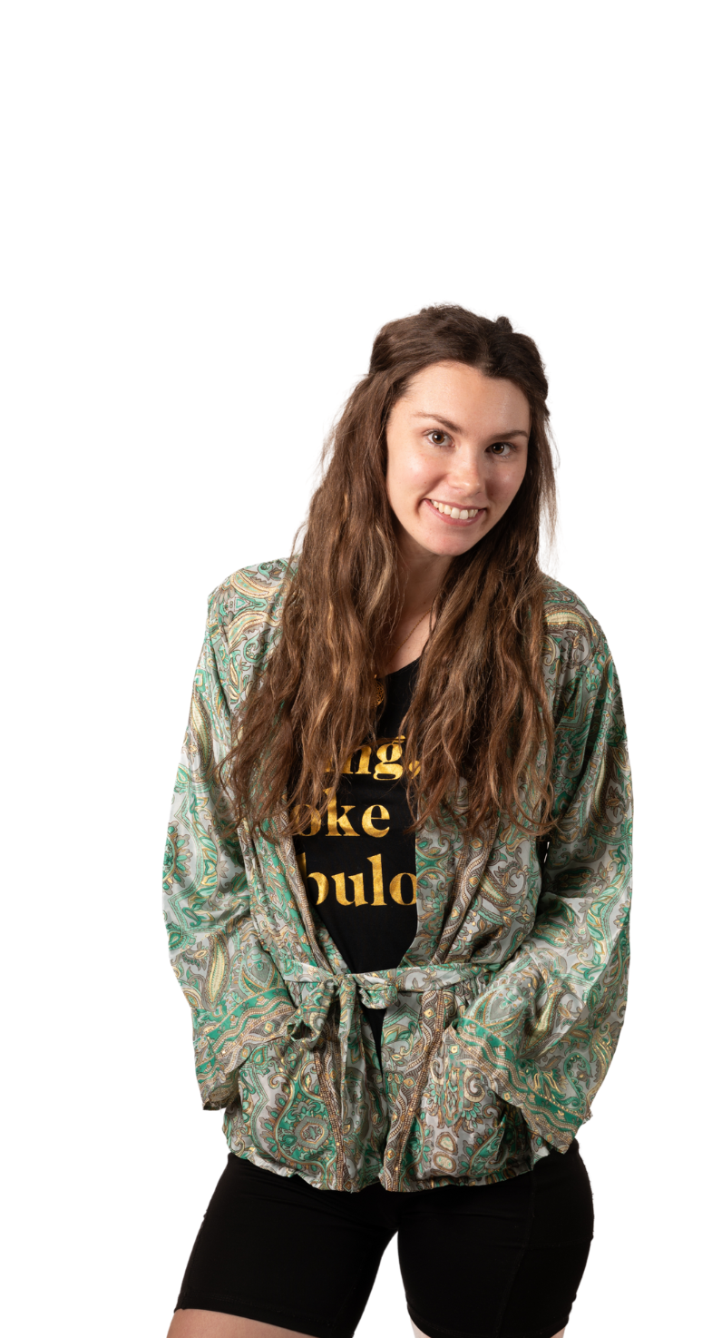 Kismet kimono silky two pockets long sleeve waist length light green pattern or blue pattern