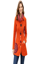 Orange mid length artsy fleece jacket two circle pattern's yak bone buttons. Artsy and Cozy. 6 colours and 4 sizes