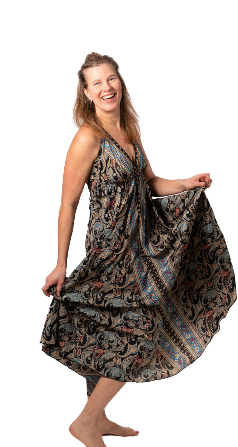 Moonlit Flow Gown long silky black pattern tie around neck and back sleeveless light one size
