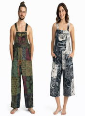 Long Green or 3/4 length black and white patchwork overalls with side pockets and chest pocket. One size