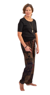 Patchwork pocket pants elastic waist draw string elastic around ankles Rayon Browns reds