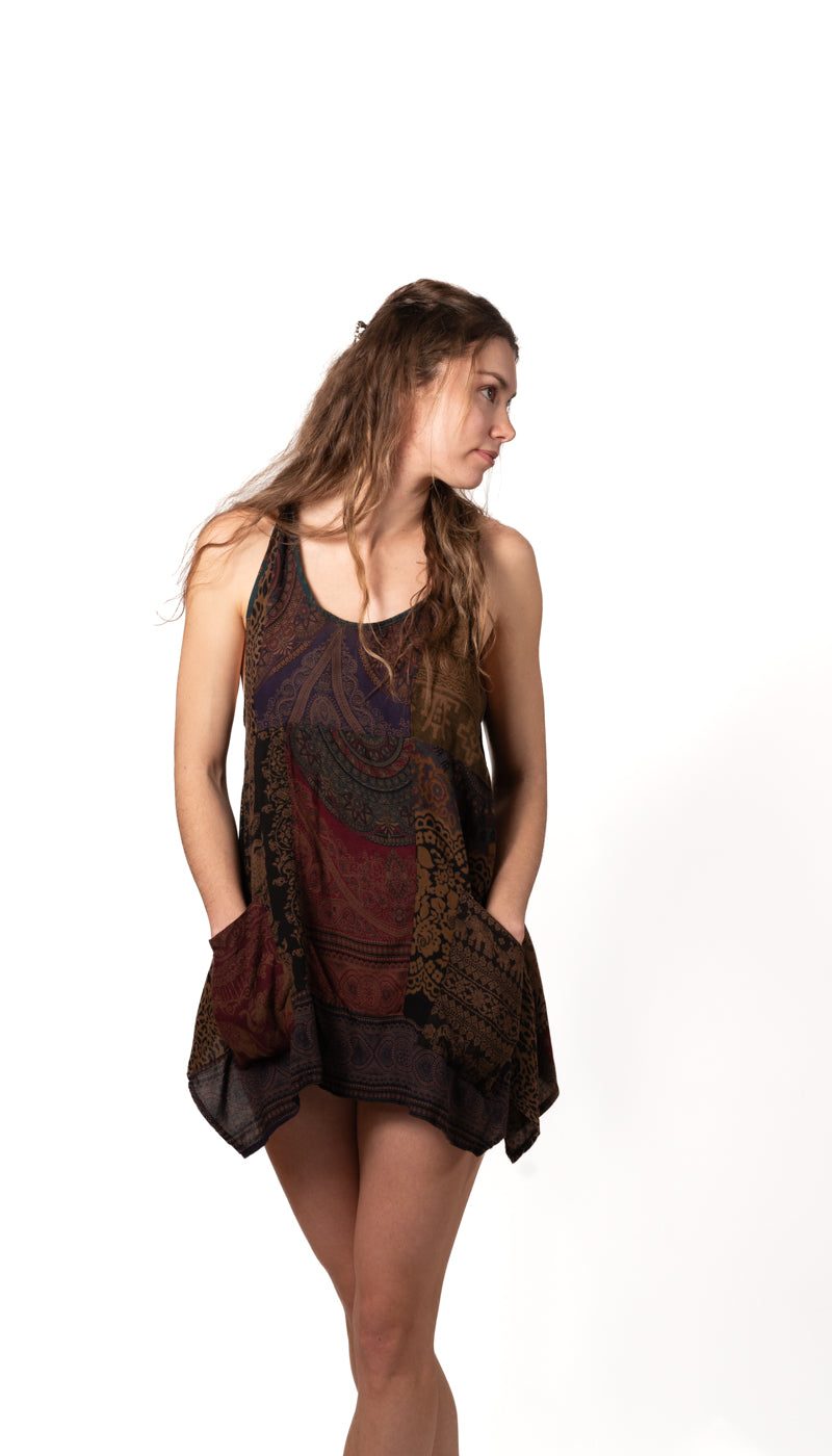 patchwork pocket top- long flowy tank could be short dress .browns natural colors and patch's two pockets one size