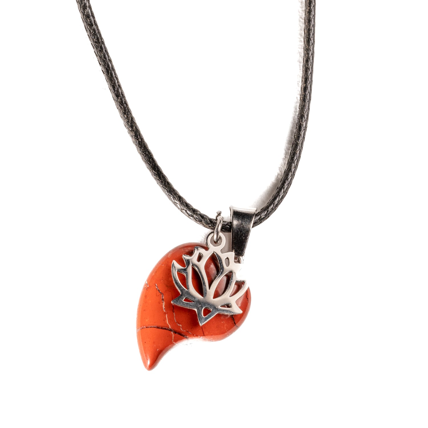 Radiant Lotus Carnelian Necklace with stainless steel lotus pendant and heart shaped carnelian stone on black thread clasp .