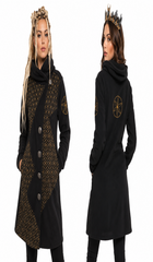 Black fleece mid length jacket with flower of life patterns and button up. on side and back embroidery of gold flower pattern , 2 side pockets.