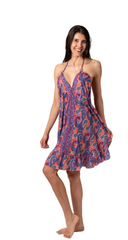 Silky flirt dress- Purple pink blue pattern tie around neck and back. Above the knee one size adjustable