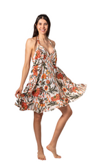 Silky firt dress - above the knee white with orange flowers tie around neck and back silky one size adjustable