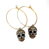 Sugar skull earrings gold hoops or silver dangle intricate design non allergic metal