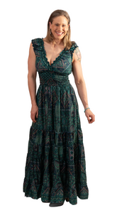 Summer Breeze Long Dress silky teal pattern elastic empire waist sleeveless ruffle bottom