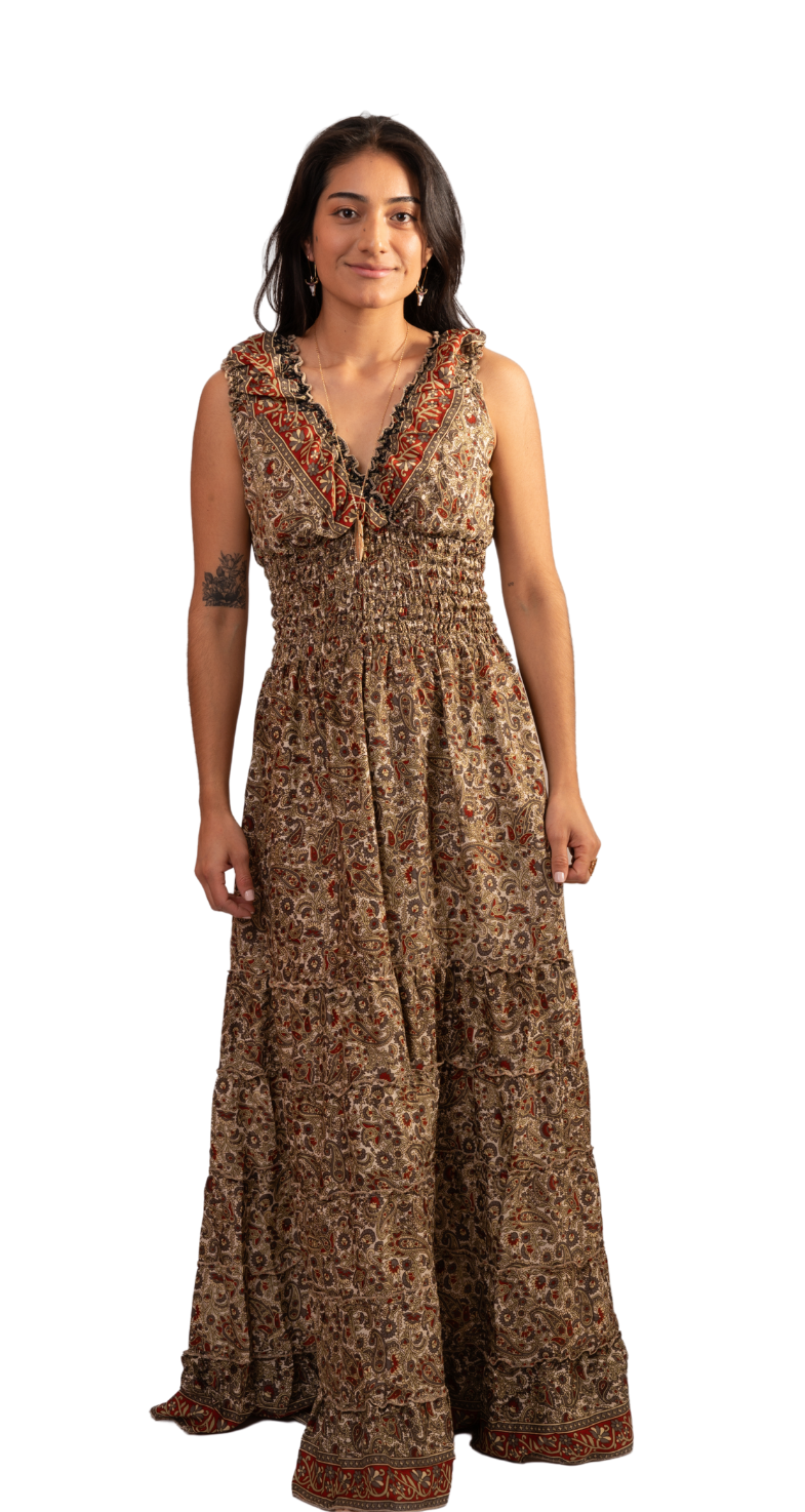 Summer breeze dress long beige one size ruffle bottom elastic empire waist