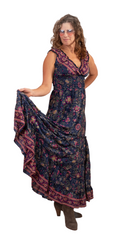 Summer breeze dress long silky ruffle at bottom and around bust Dark blue and pinks flowers one size elastic empire waist