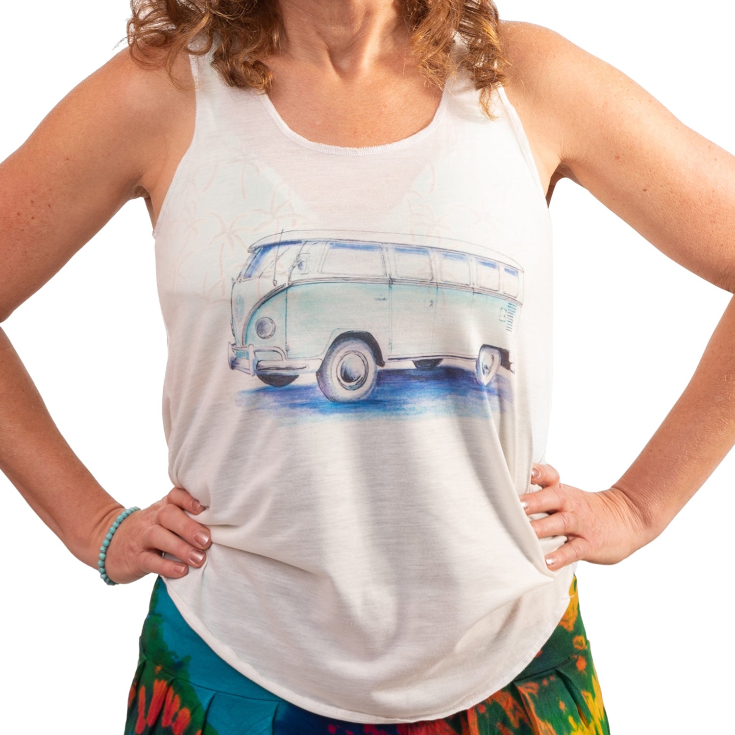 white tank top with a vw bus blue looks hand drawn razor back and loose at stomach
