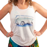 white tank top with a vw bus blue looks hand drawn razor back and loose at stomach