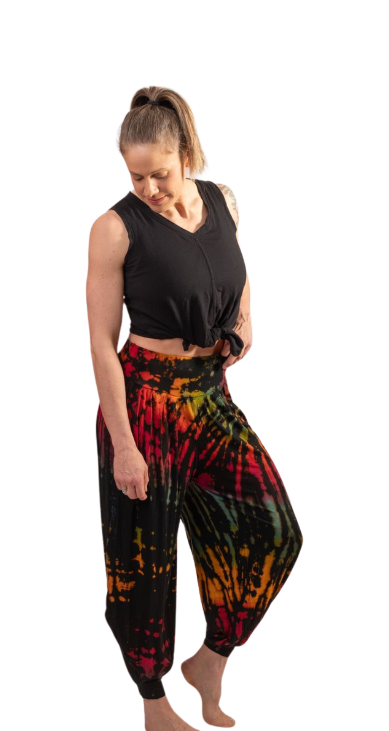 Tie-dye flow pants black rainbow colours soft stretchy rayon one size loose