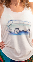 Van life Tank white with blue vw van size small , med , large razor back loose in front
