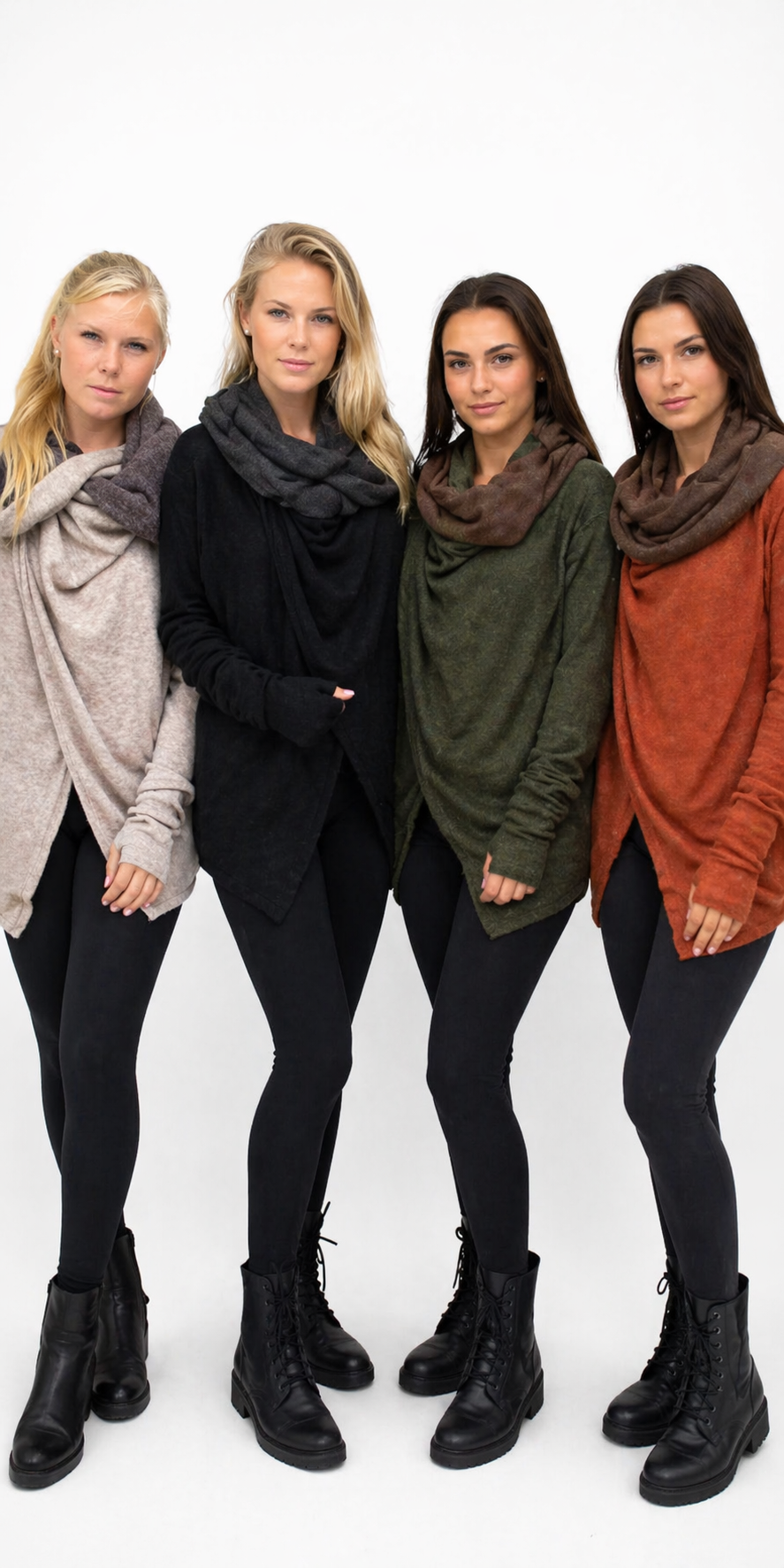Cowl Neck oversized cardigan sweater wrap with 2 buttons thumb holes beige with brown cowl, black grey cowl, green brown cowl , rusty orange with brown cowl neck. Soft cozy