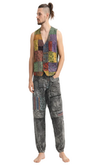 Patchwork layered fabric circle pocket and zip pocket flower of life elastic waistband and at ankles