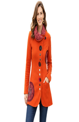 Orange mid length artsy fleece jacket two circle pattern's yak bone buttons. Artsy and Cozy. 6 colours and 4 sizes