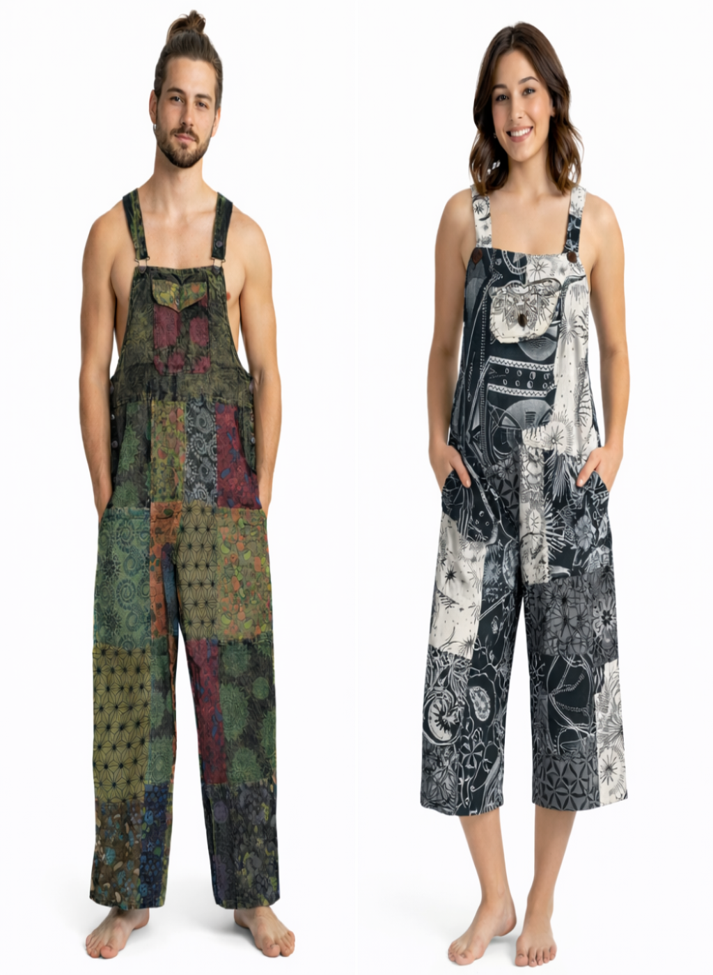 Long Green or 3/4 length black and white patchwork overalls with side pockets and chest pocket. One size
