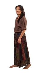 Patchwork Palazzo Pants loose wide at hips and legs browns neutral colours patches elephant designs ,draw string waist, rayon