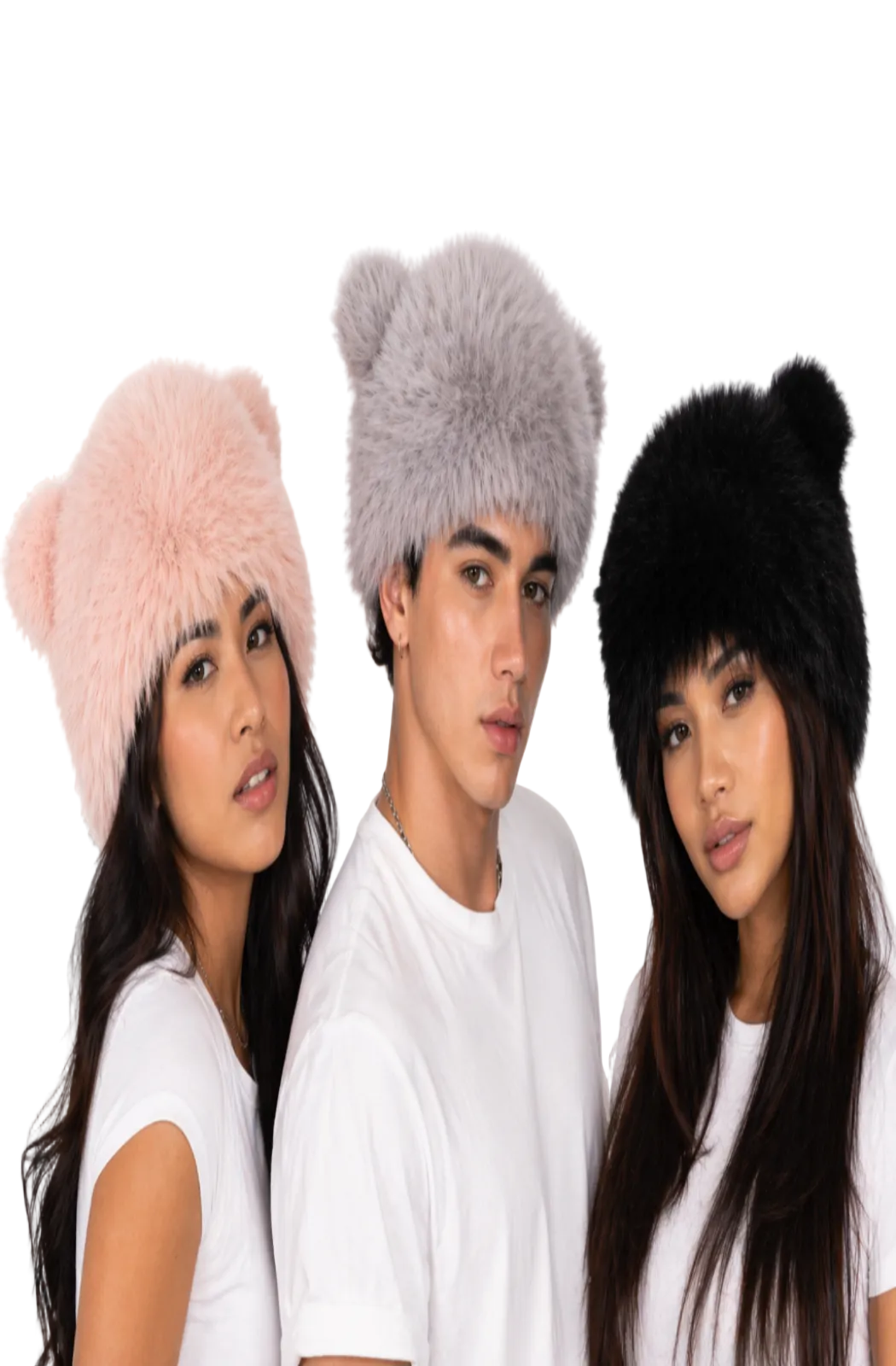 Fuzzy faux fur hat with ears grey pink or black so soft
